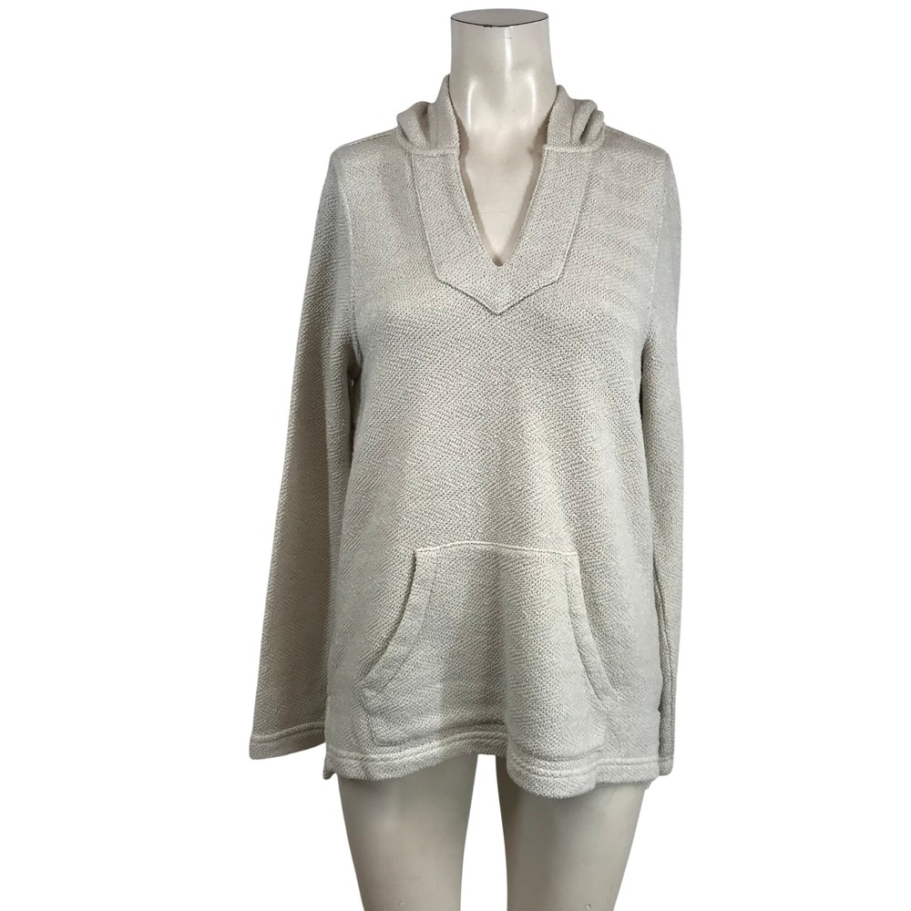 Faherty Brand Womens Cream Textured Knit V-Neck Pullover‎ Hoodie Size M Oatmeal
